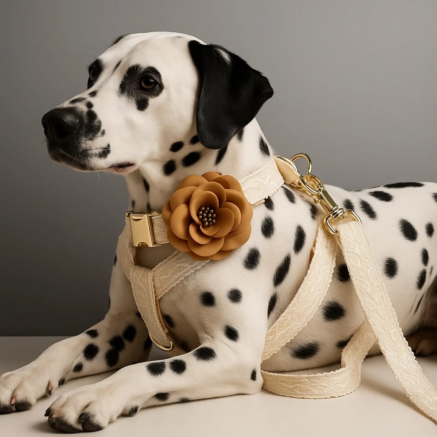 Dalmatian dog wearing Royal Lace Ensemble harness with decorative flower