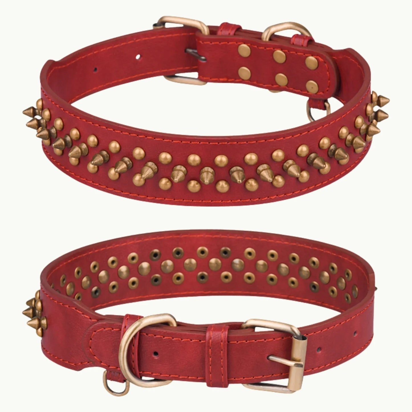 Red gradient leather dog collar with gold rivets and buckle