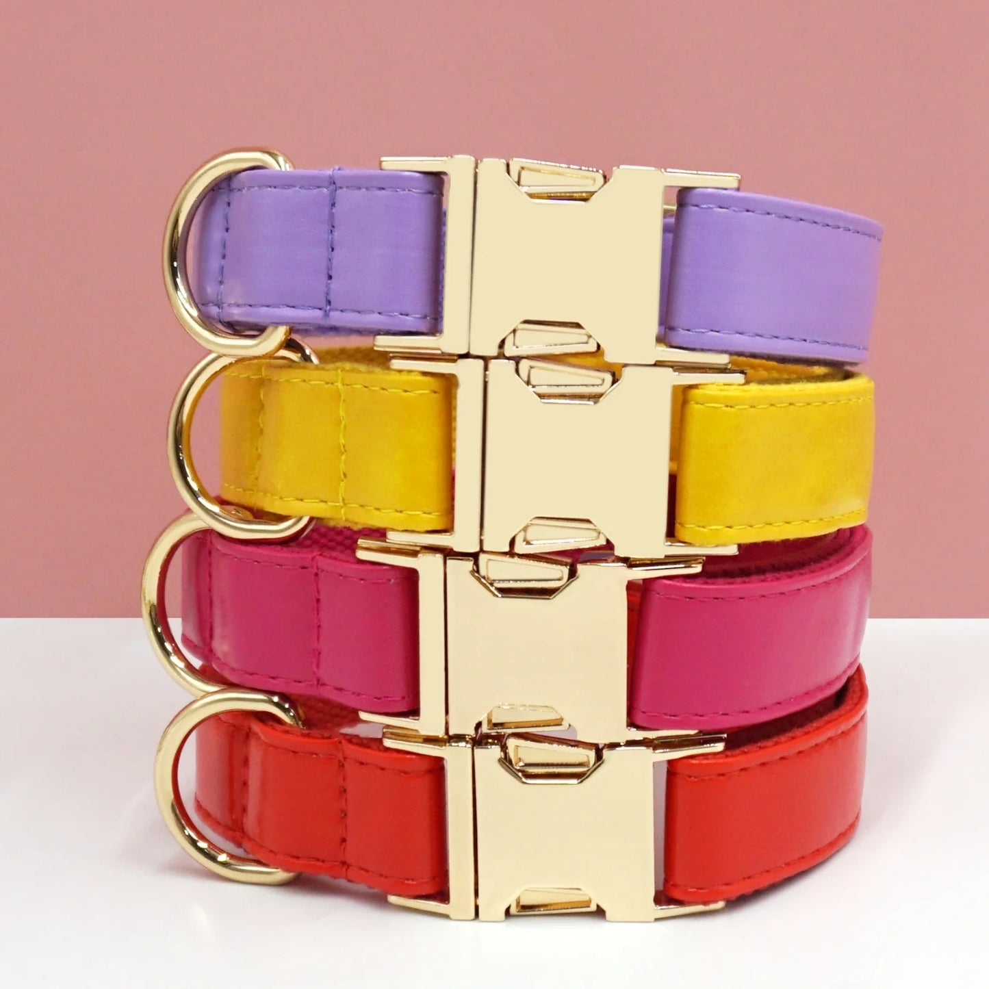 Set of red, purple, and pink vivid leather dog collars