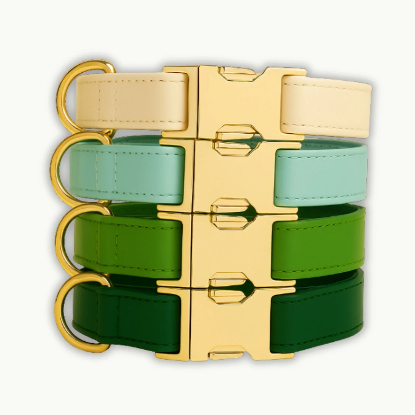 Stack of vivid color leather dog collars with gold buckles