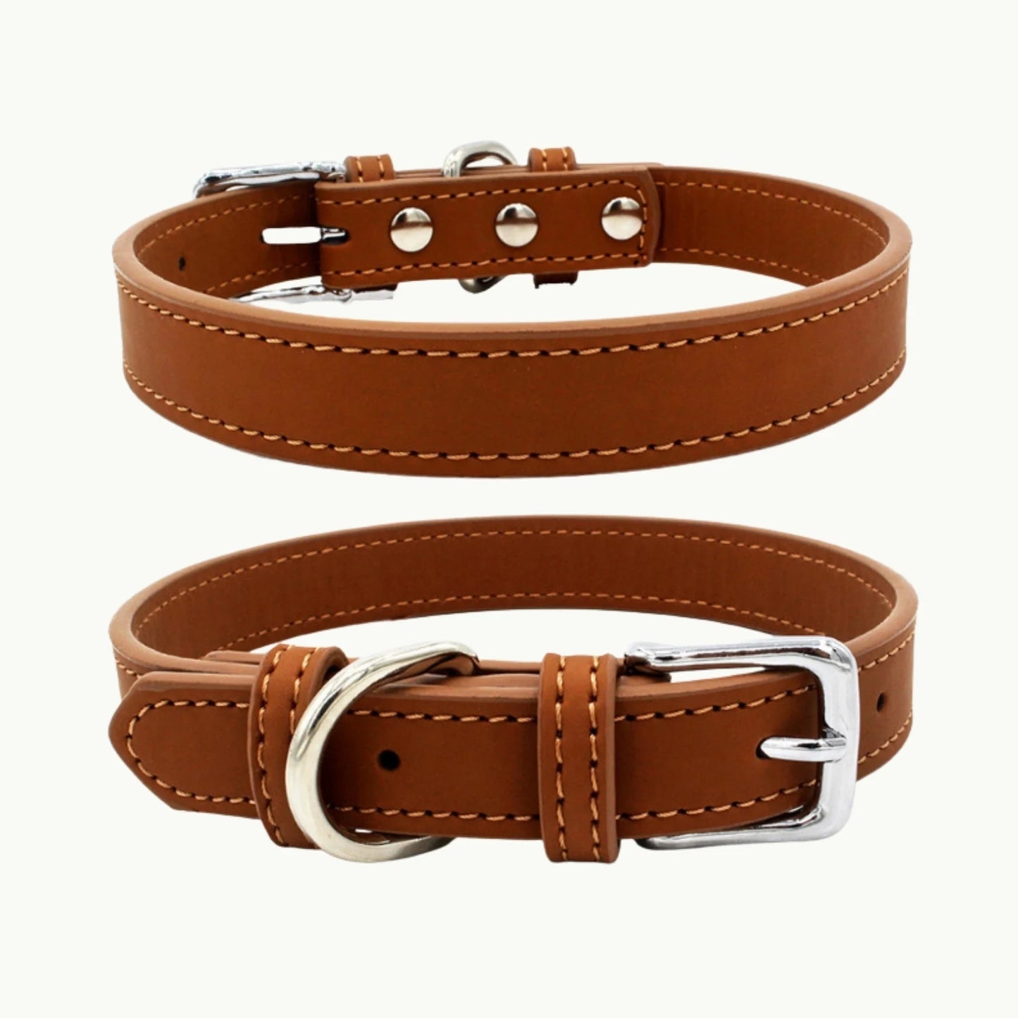 Brown PU leather dog collar, classic design with zinc alloy buckle