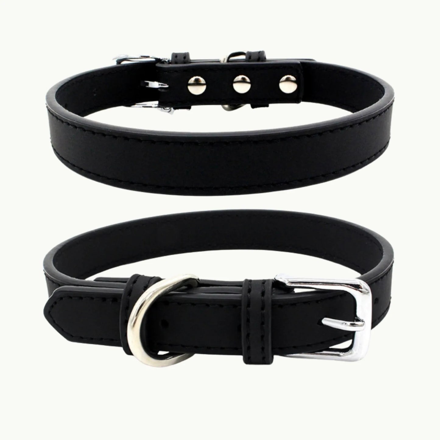 Black PU leather dog collar with silver buckle, simple and durable