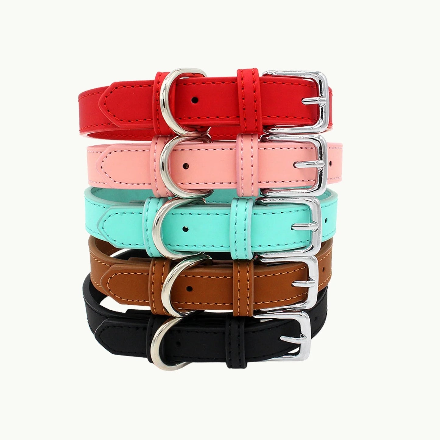Set of PU leather dog collars showing multiple color options