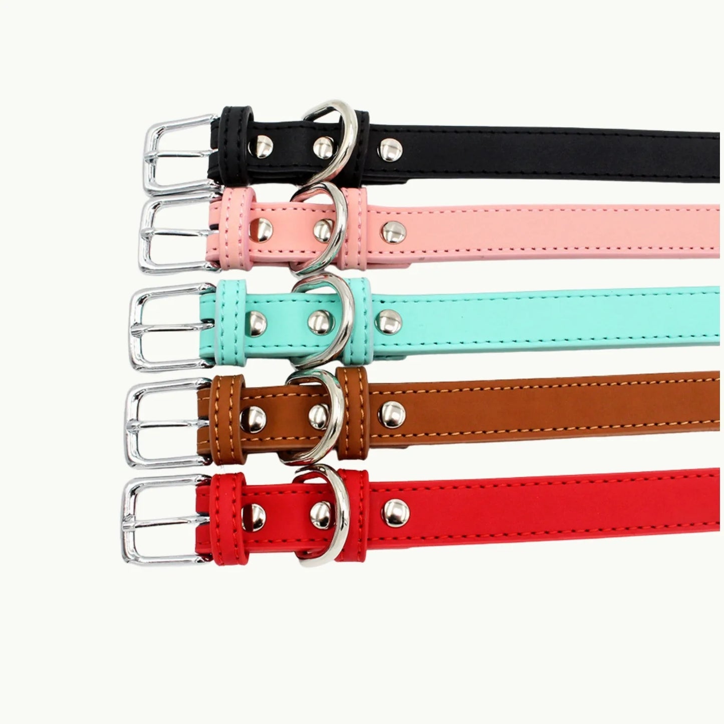 Close-up of PU leather dog collar buckle and reinforced stitching