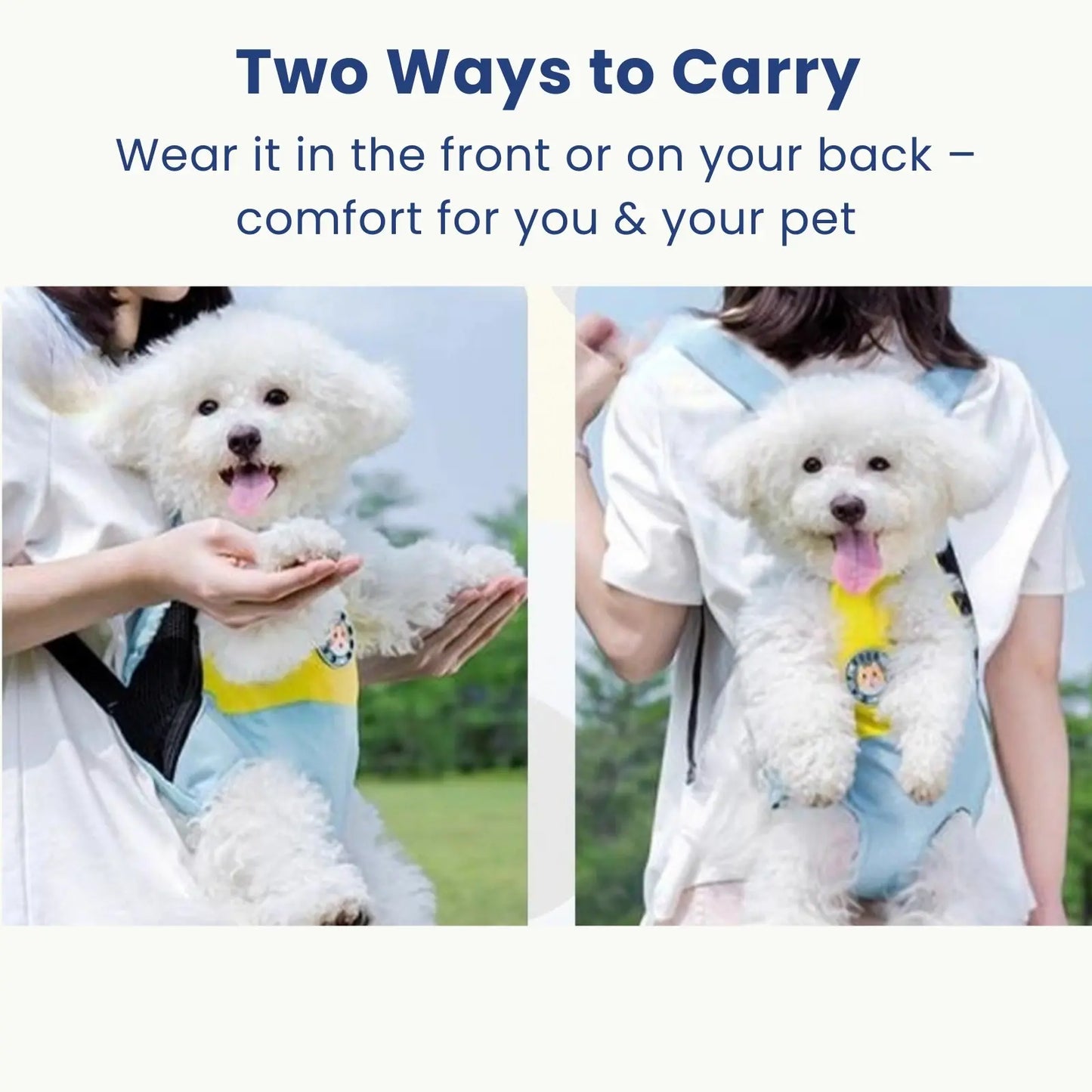 Dog carried in PawPorter pet backpack worn on front and back