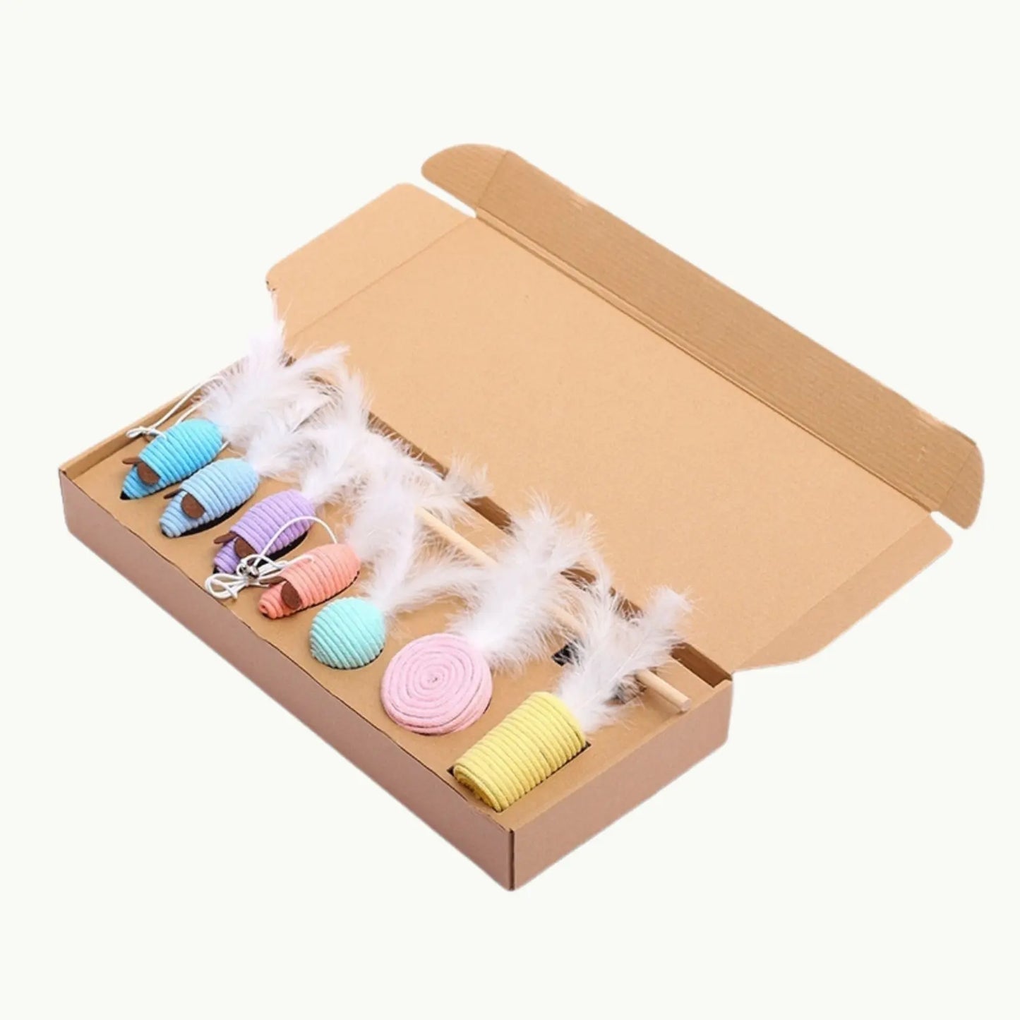 Solid color 7-piece cat toy set with safe feather cat toys