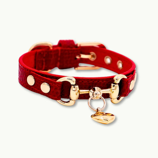 Luxury red leather pet collar with crystal rhinestones, adjustable for cats and dogs