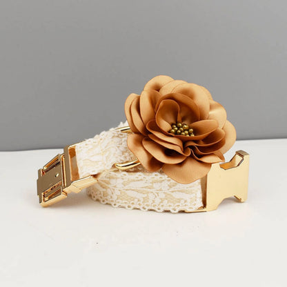 Close-up of lace dog collar with golden buckle and flower detail