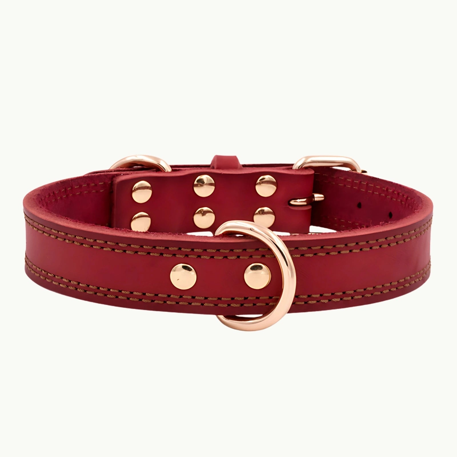 Bordeaux red Titan leather dog collar with gold buckle and durable D-ring