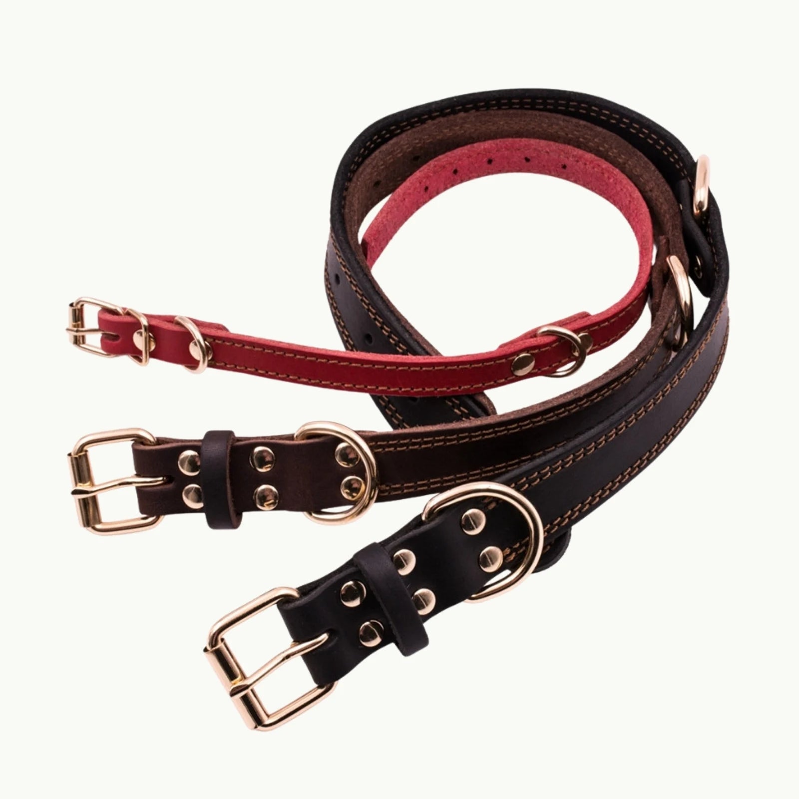 Set of Titan leather dog collars in black, brown, and red with durable buckles