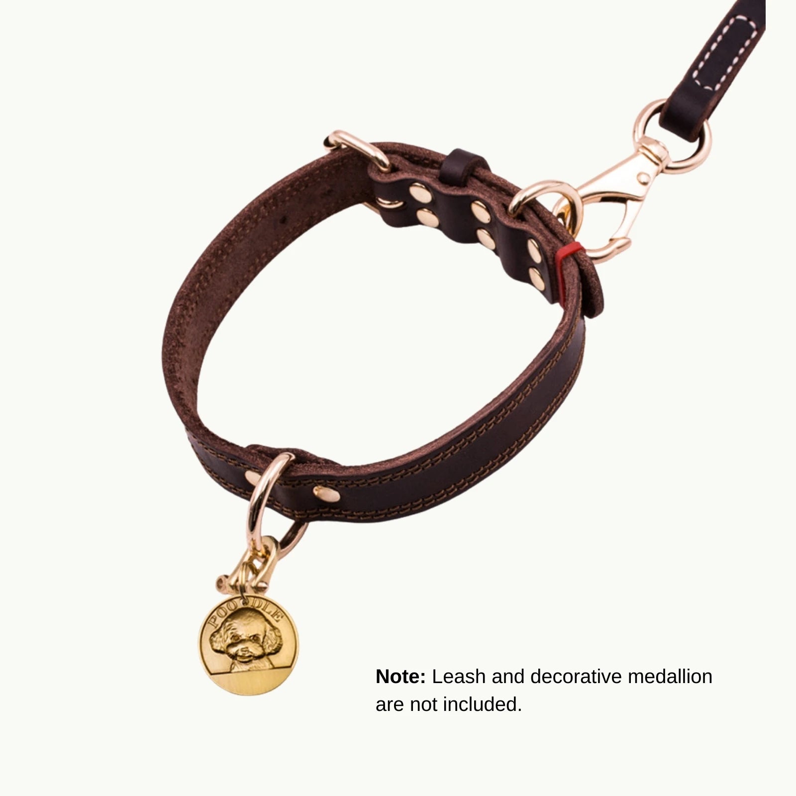 Brown Titan leather dog collar with round pendant and strong stitching