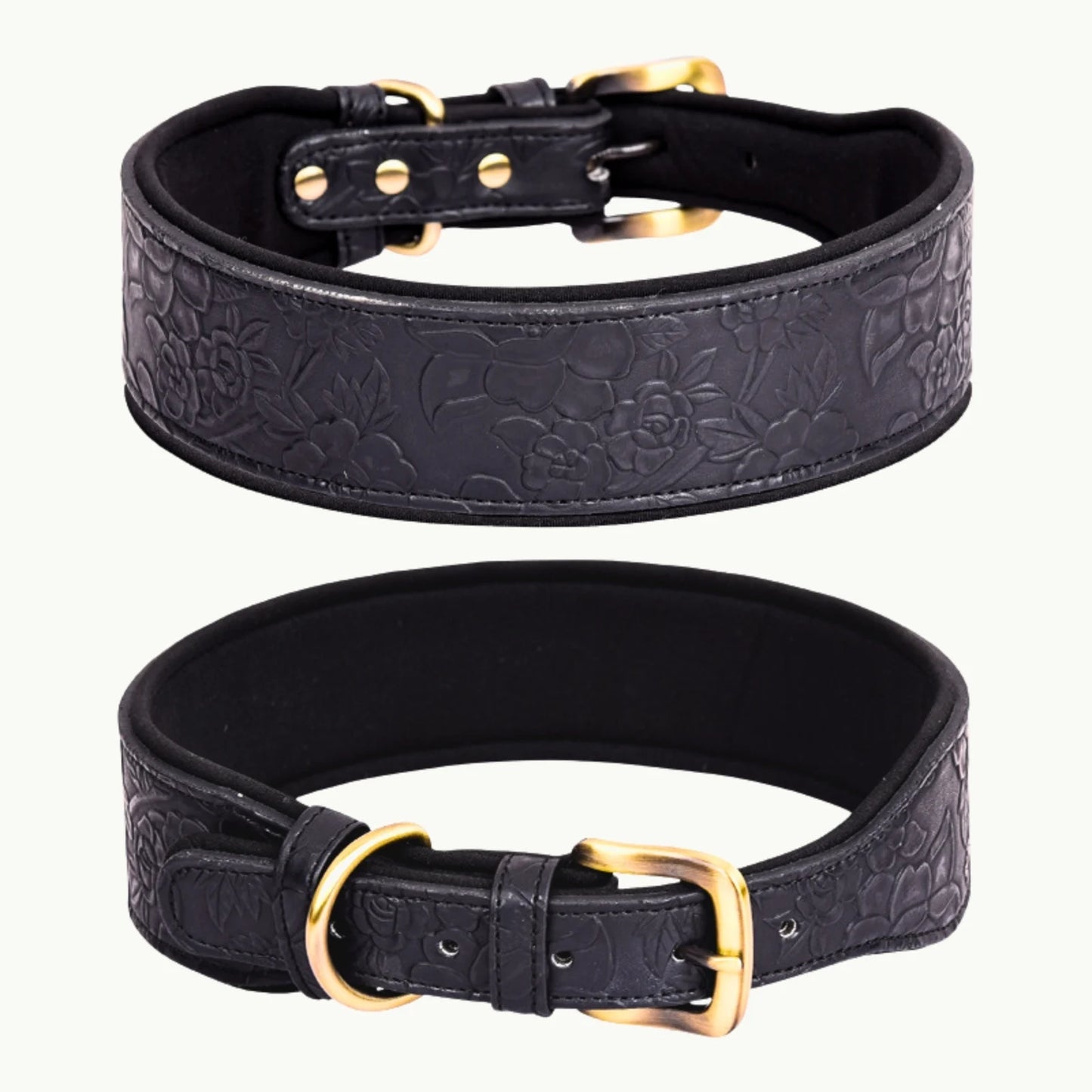 Black embossed dog collar with durable metal buckle