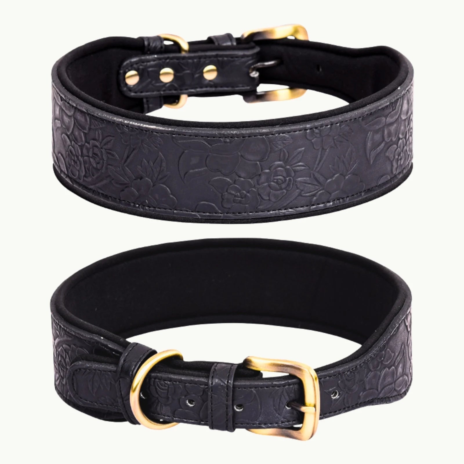 Black embossed dog collar with durable metal buckle