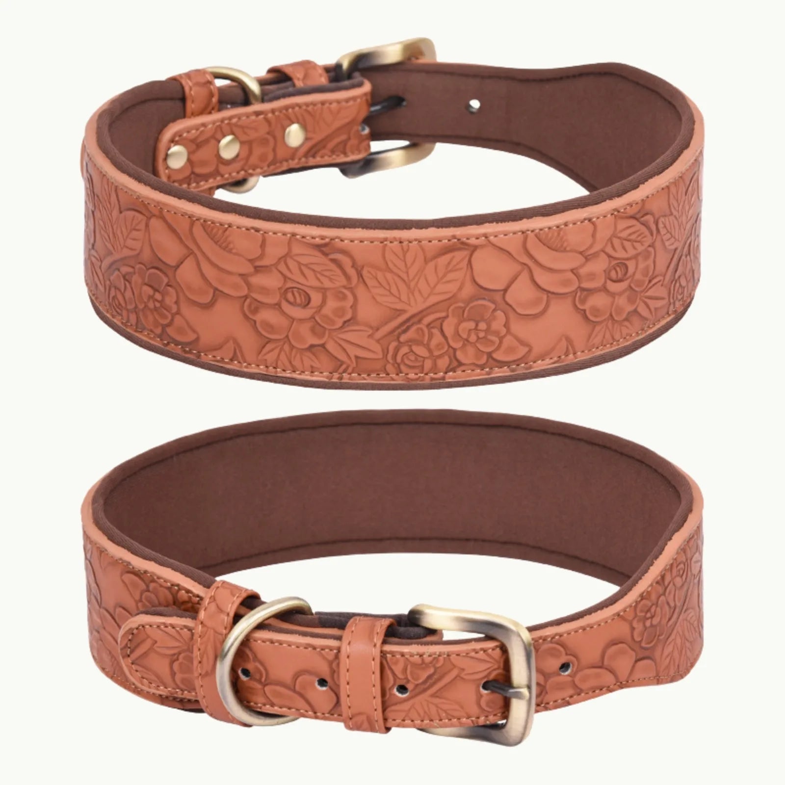 Brown embossed dog collar made from space cotton with floral design