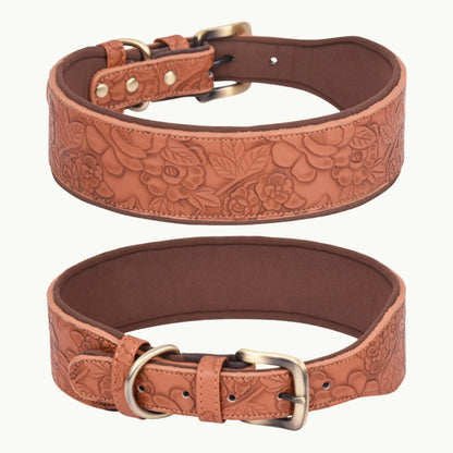 Brown embossed dog collar made from space cotton with floral design