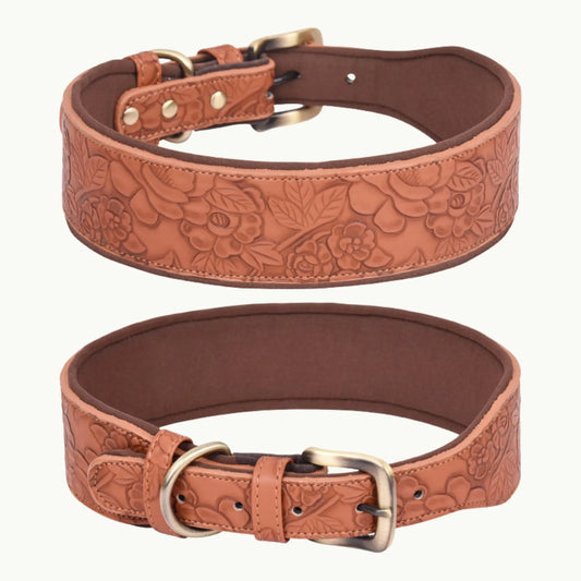 Brown embossed dog collar made from space cotton with floral design