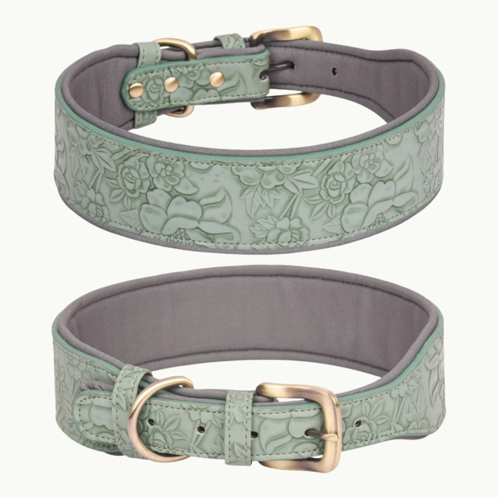 Green embossed dog collar with widened cotton lining