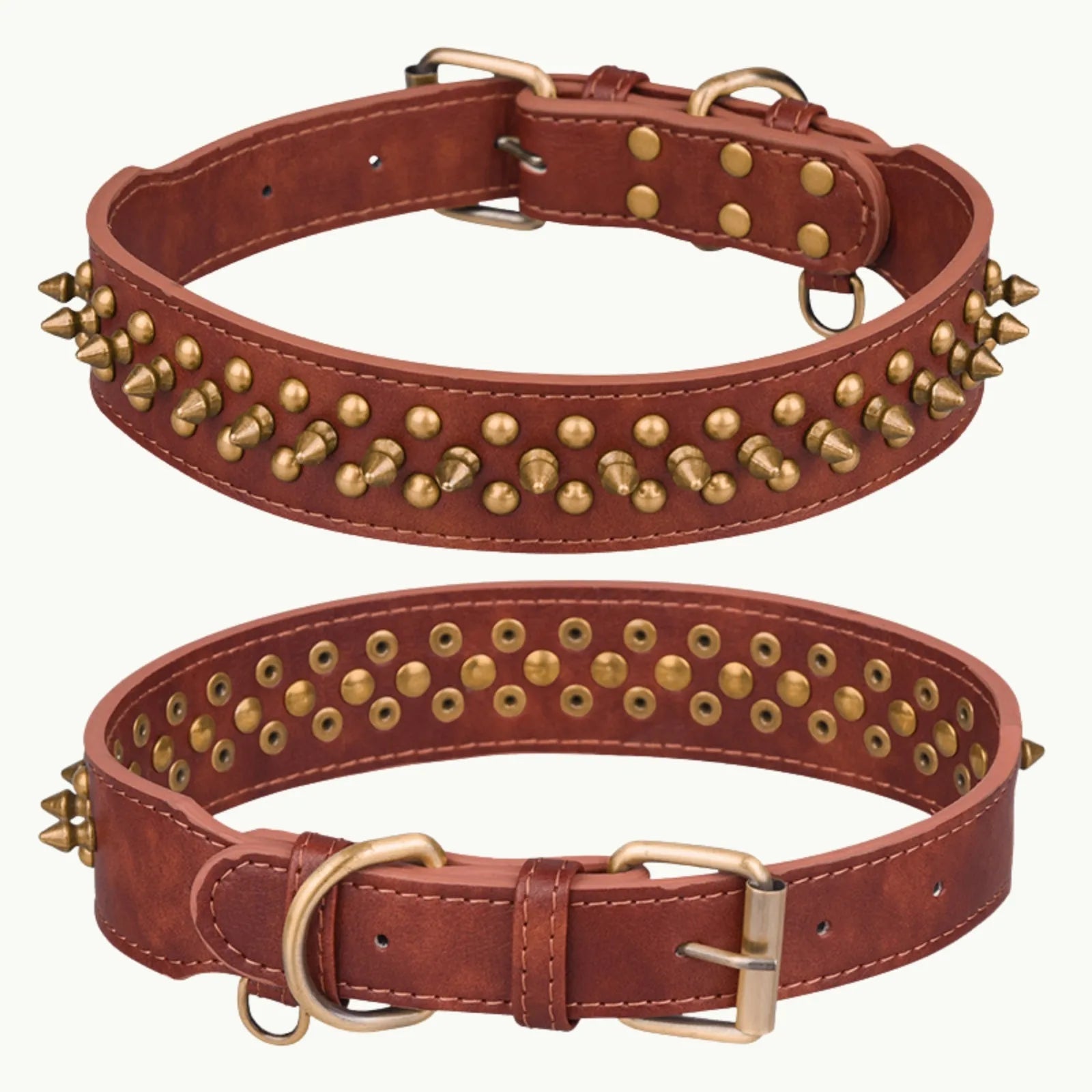 Brown gradient leather dog collar with gold rivets and buckle