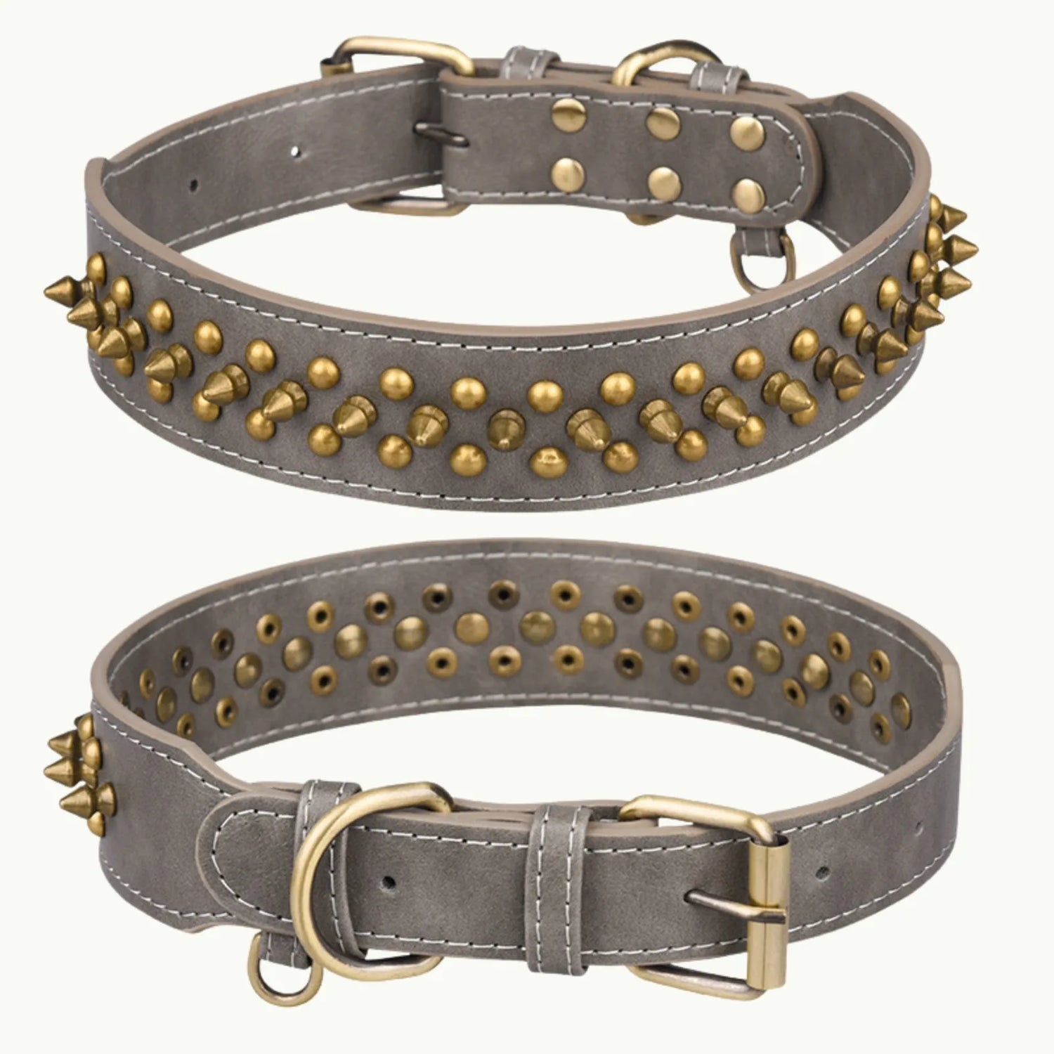 Gray gradient leather dog collar with gold rivets and buckle
