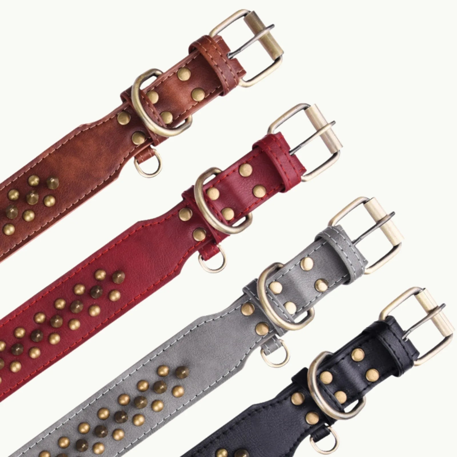 Close-up of gold rivets on gradient leather dog collar