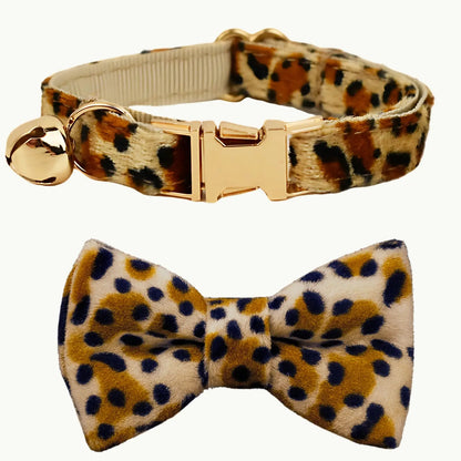 Leopard print cat collar with elegant bow tie and gold buckle