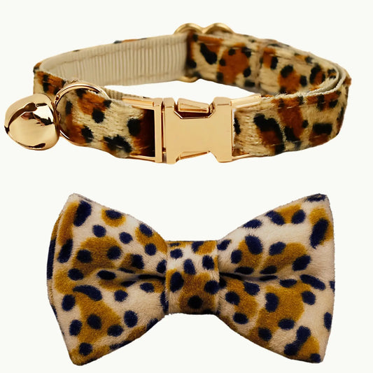 Leopard print cat collar with elegant bow tie and gold buckle