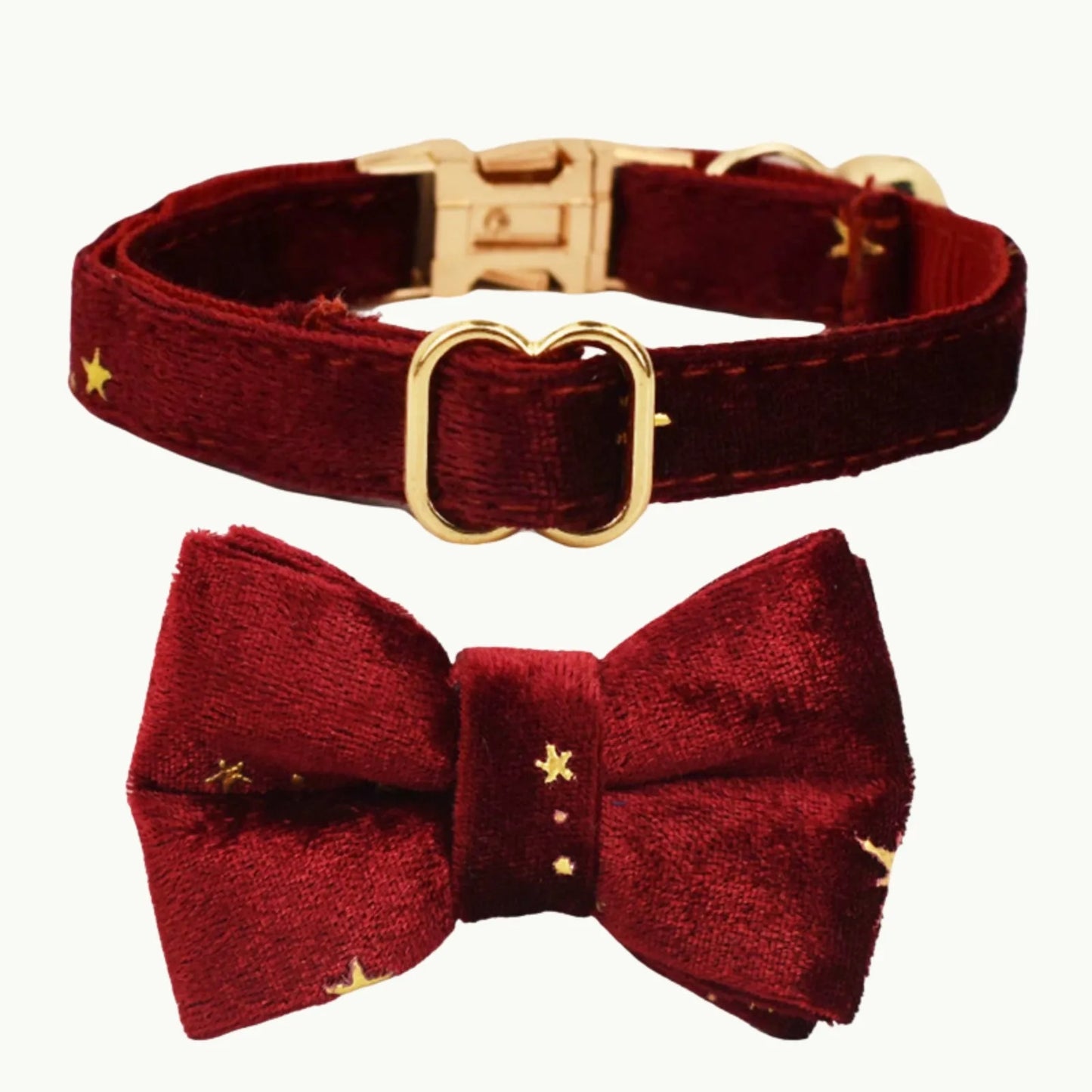 Wine red velvet cat collar with bow tie and gold hardware