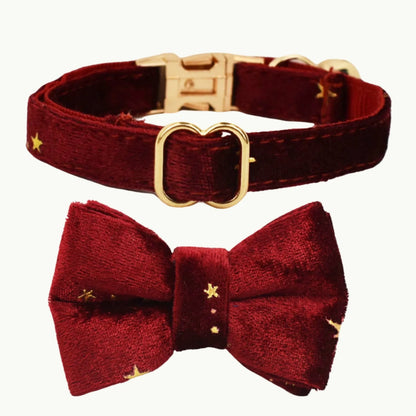 Wine red velvet cat collar with bow tie and gold hardware