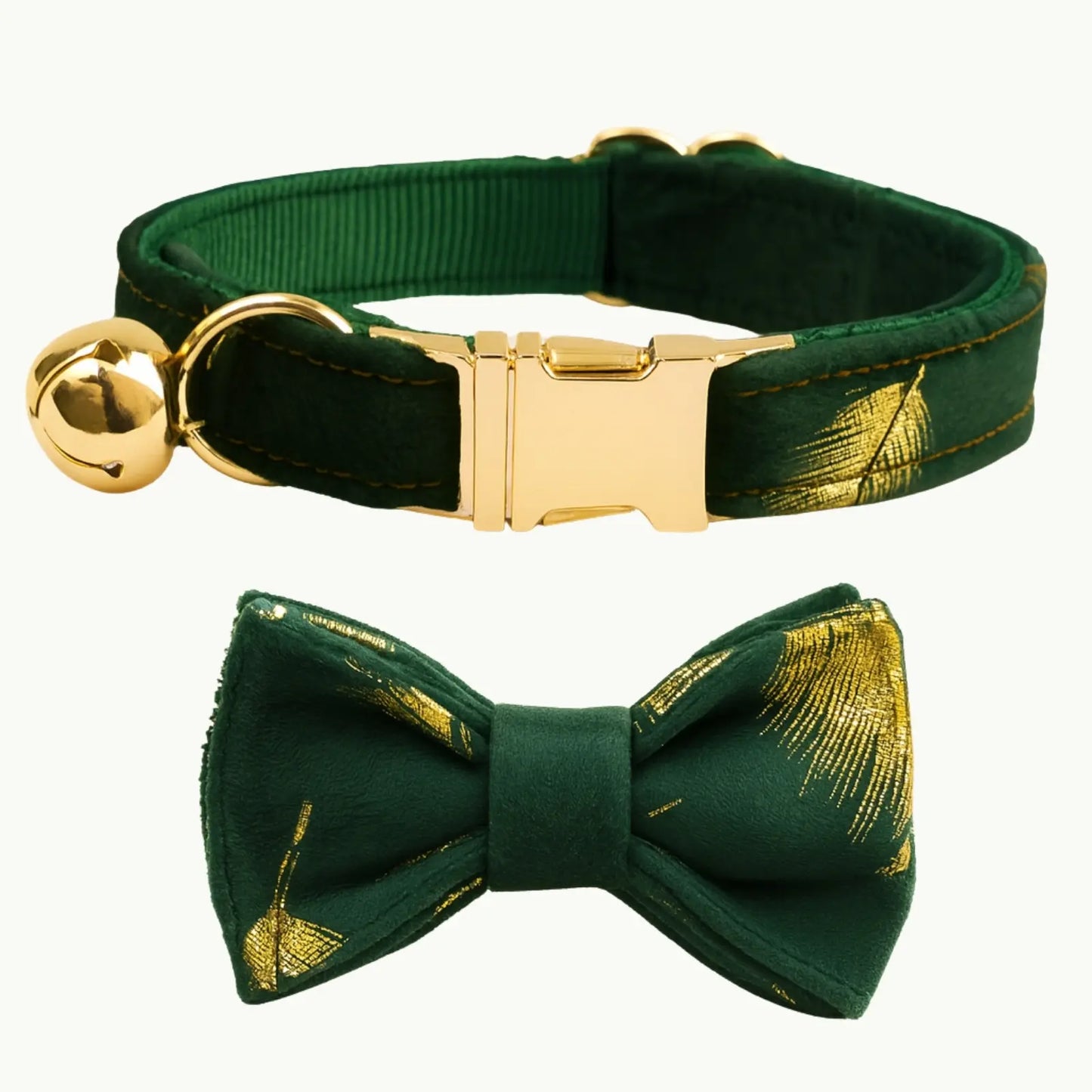 Forest charm green cat collar with gold-detailed bow tie