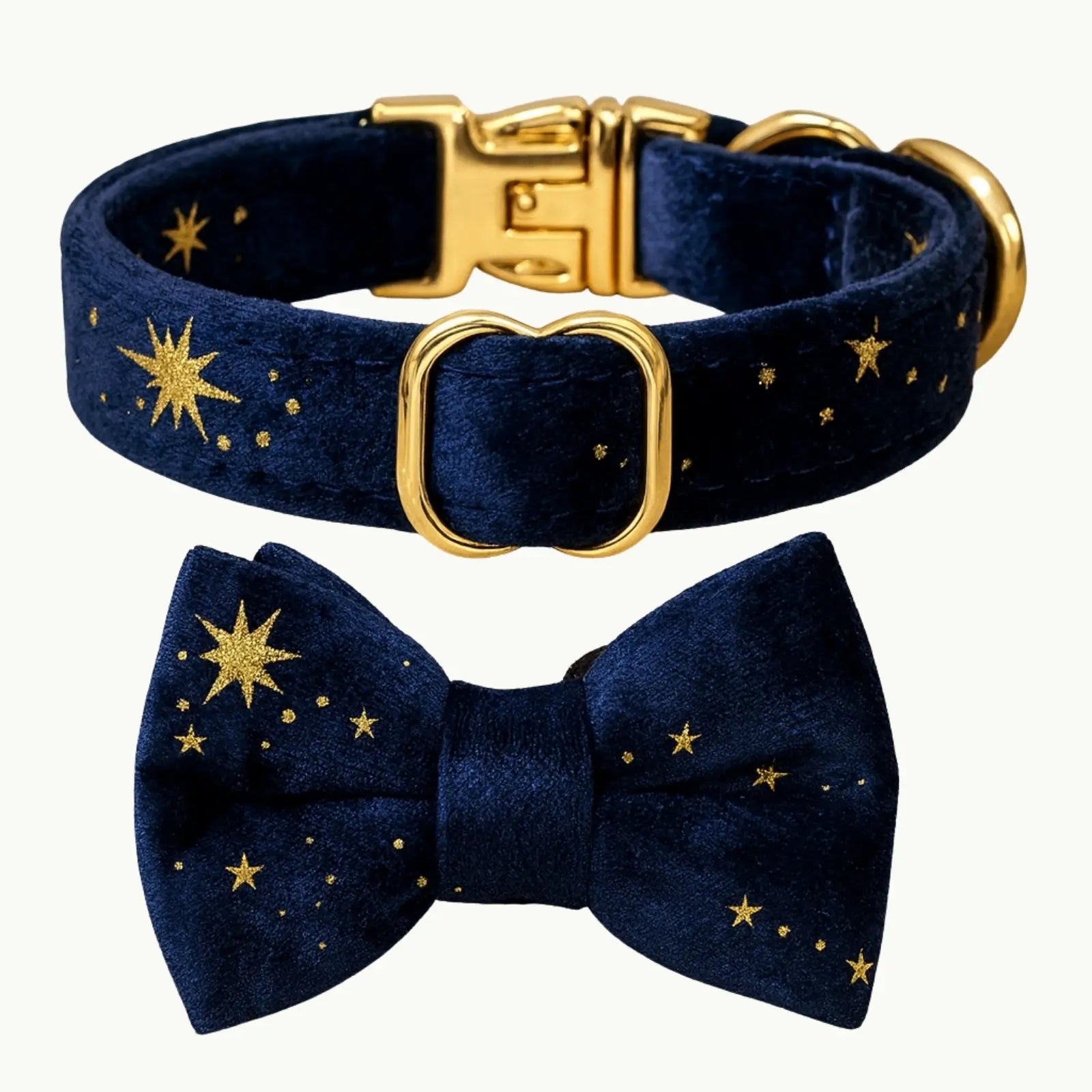 Midnight sky blue cat collar with star pattern and bow tie