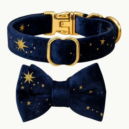 Midnight sky blue cat collar with star pattern and bow tie