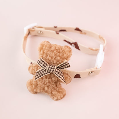 Cute teddy bear design pet collar with plaid ribbon bow color Teddy Coffee