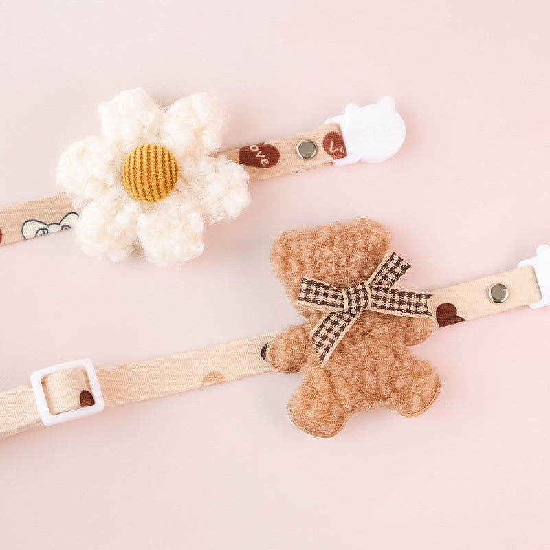 Teddy bear and flower pet collar set in beige and coffee tones