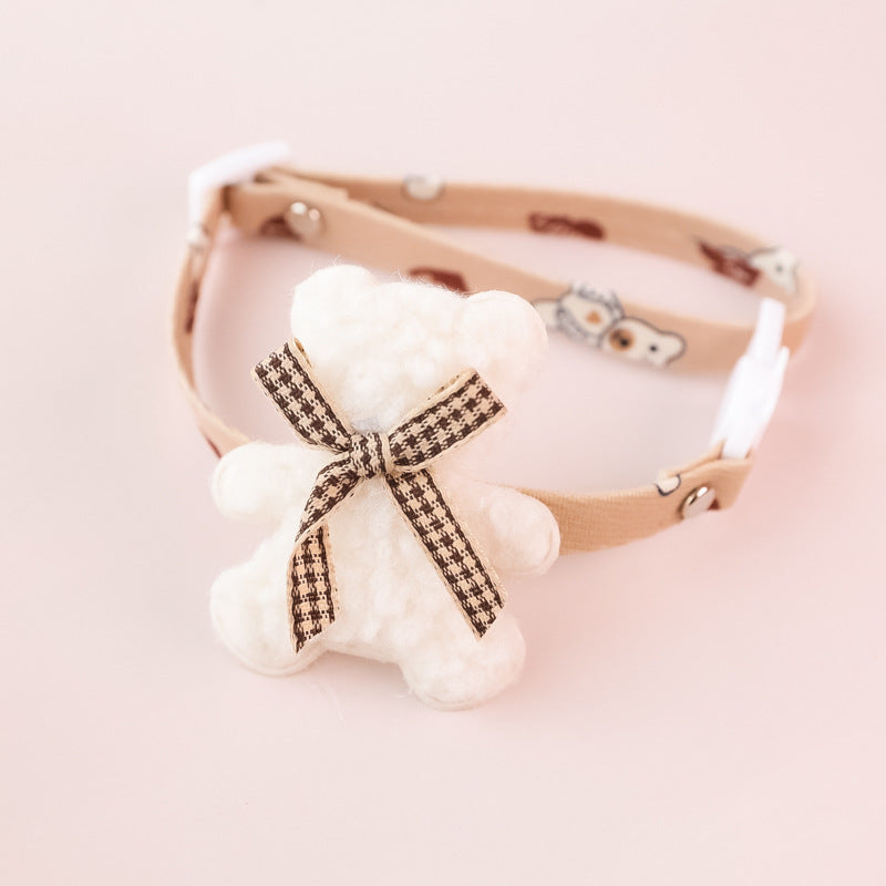 Cute teddy bear design pet collar with plaid ribbon bow