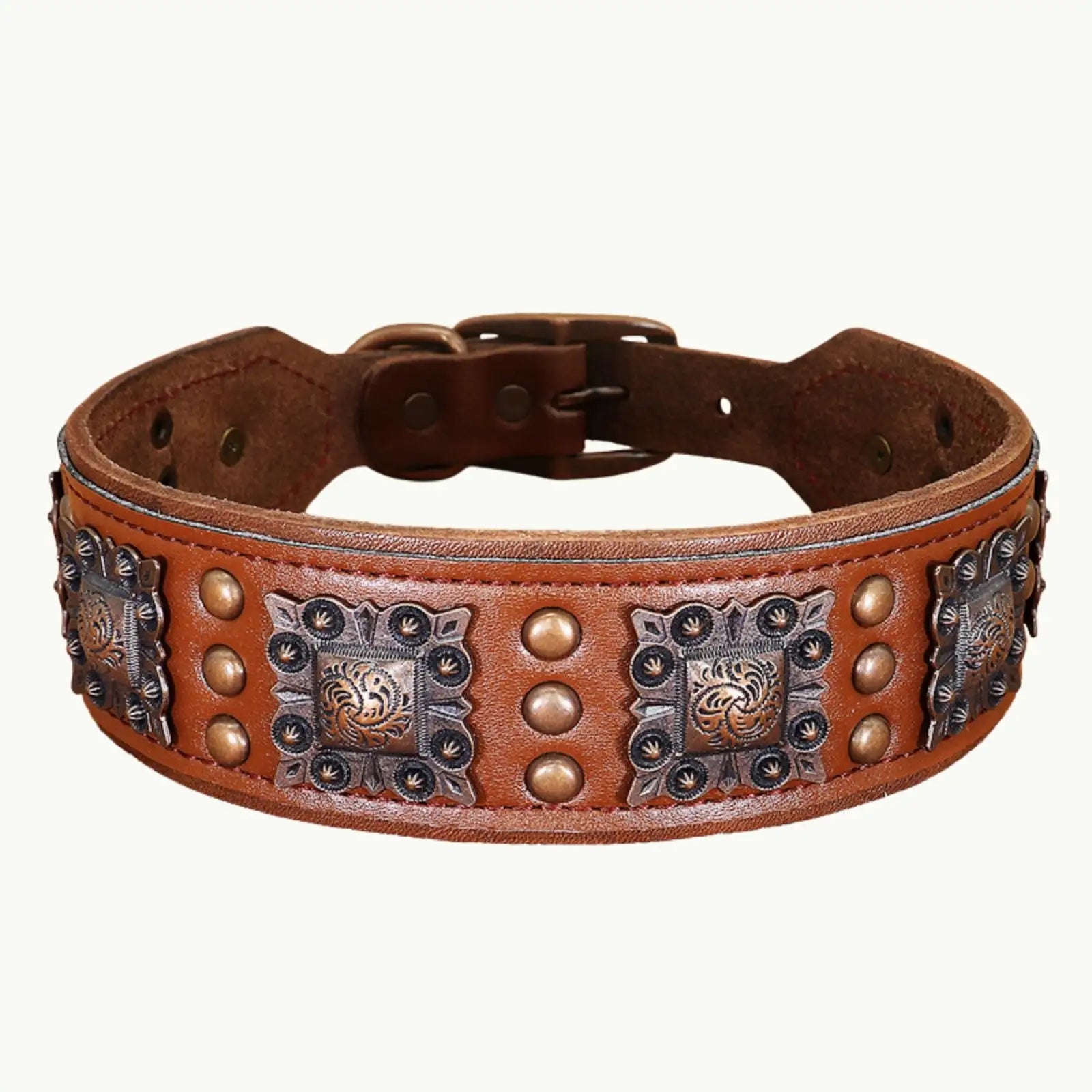 Valorian Leather™ Dog Collar in Mahogany Brown with rivet accents and durable alloy buckle 2