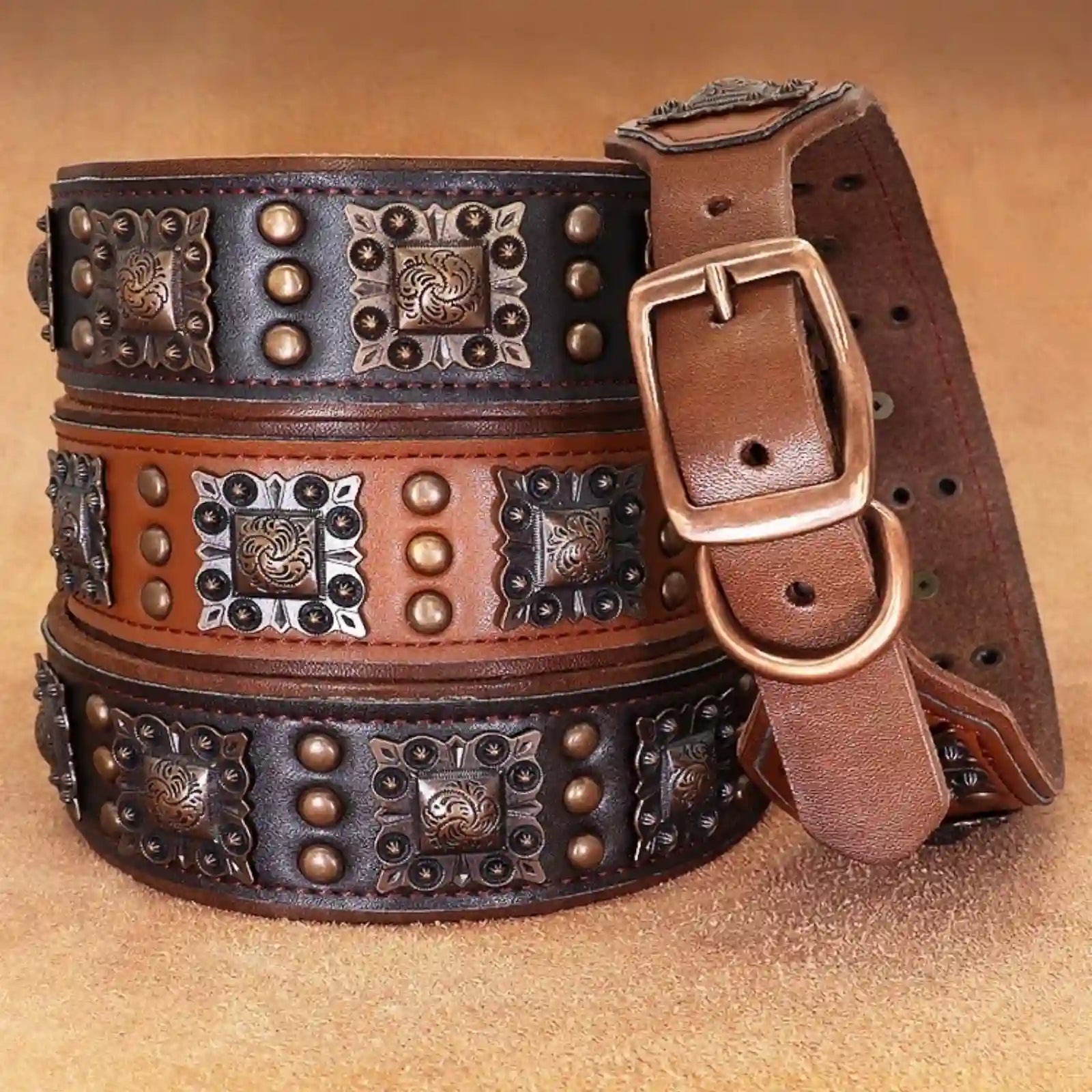 Valorian Leather™ Dog Collar set in Obsidian Black and Mahogany Brown with rivet details