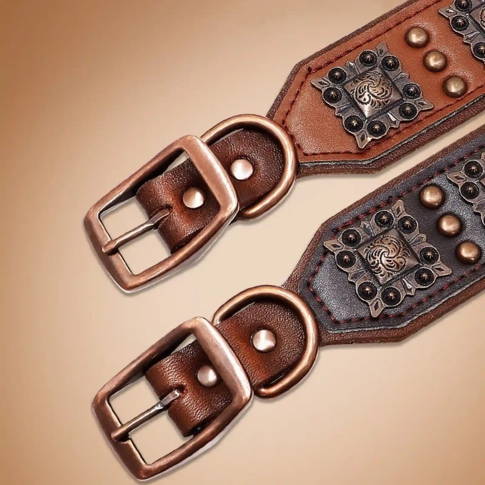 Close-up of Valorian Leather™ Dog Collar buckles with premium alloy hardware