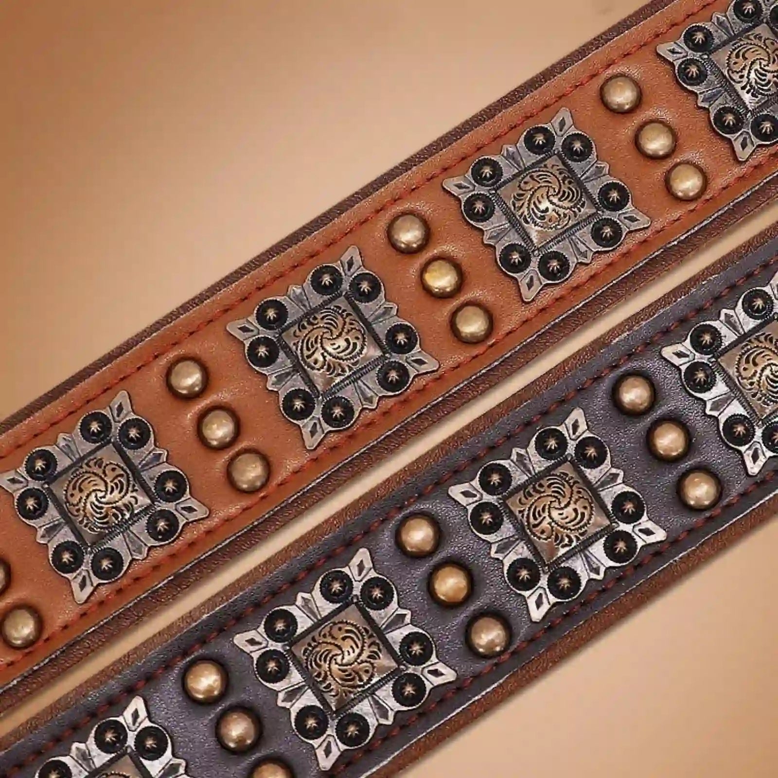 Detailed view of Valorian Leather™ Dog Collar showing cowhide texture and studded rivets