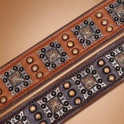 Detailed view of Valorian Leather™ Dog Collar showing cowhide texture and studded rivets