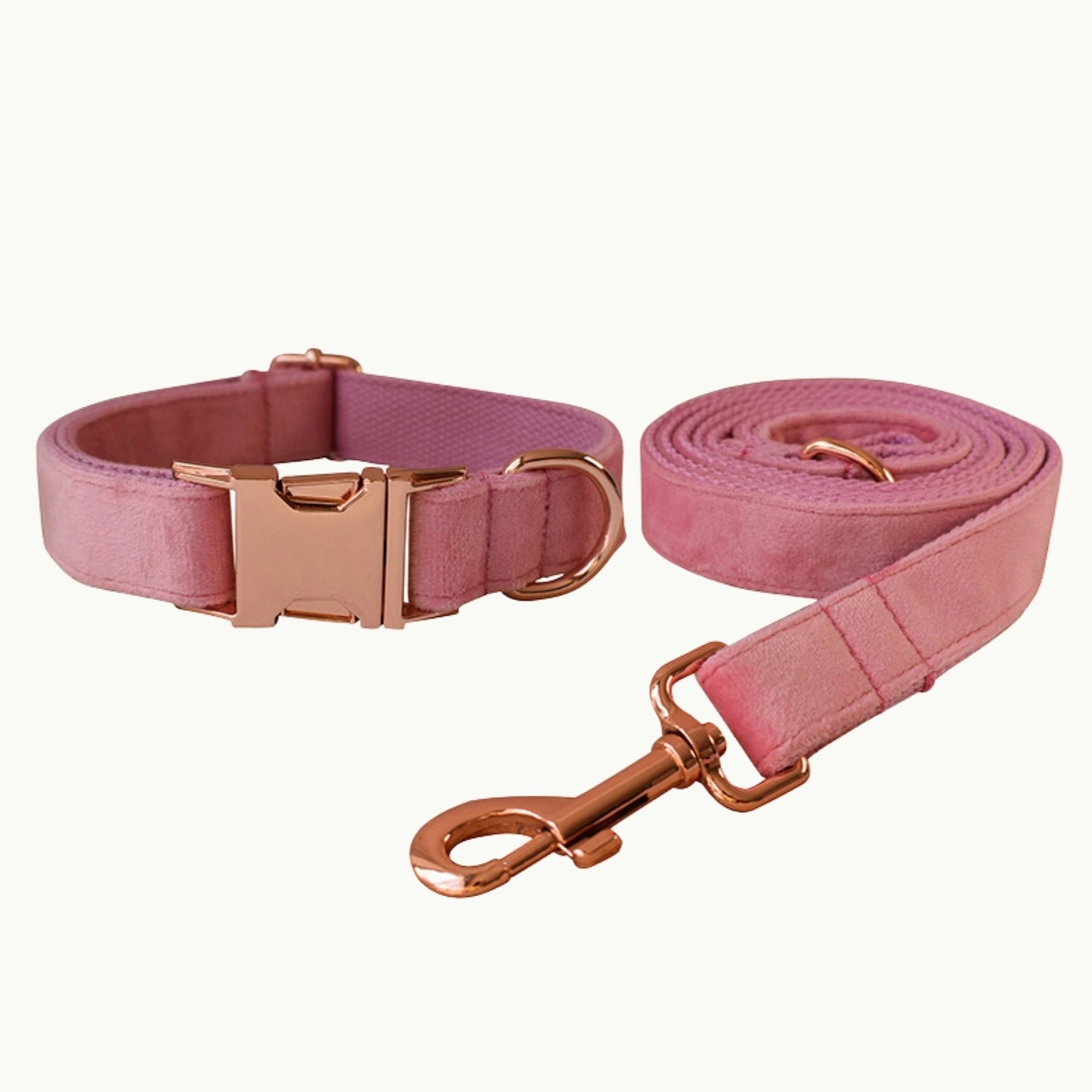 Blush Luxe velvet dog collar and leash displayed together