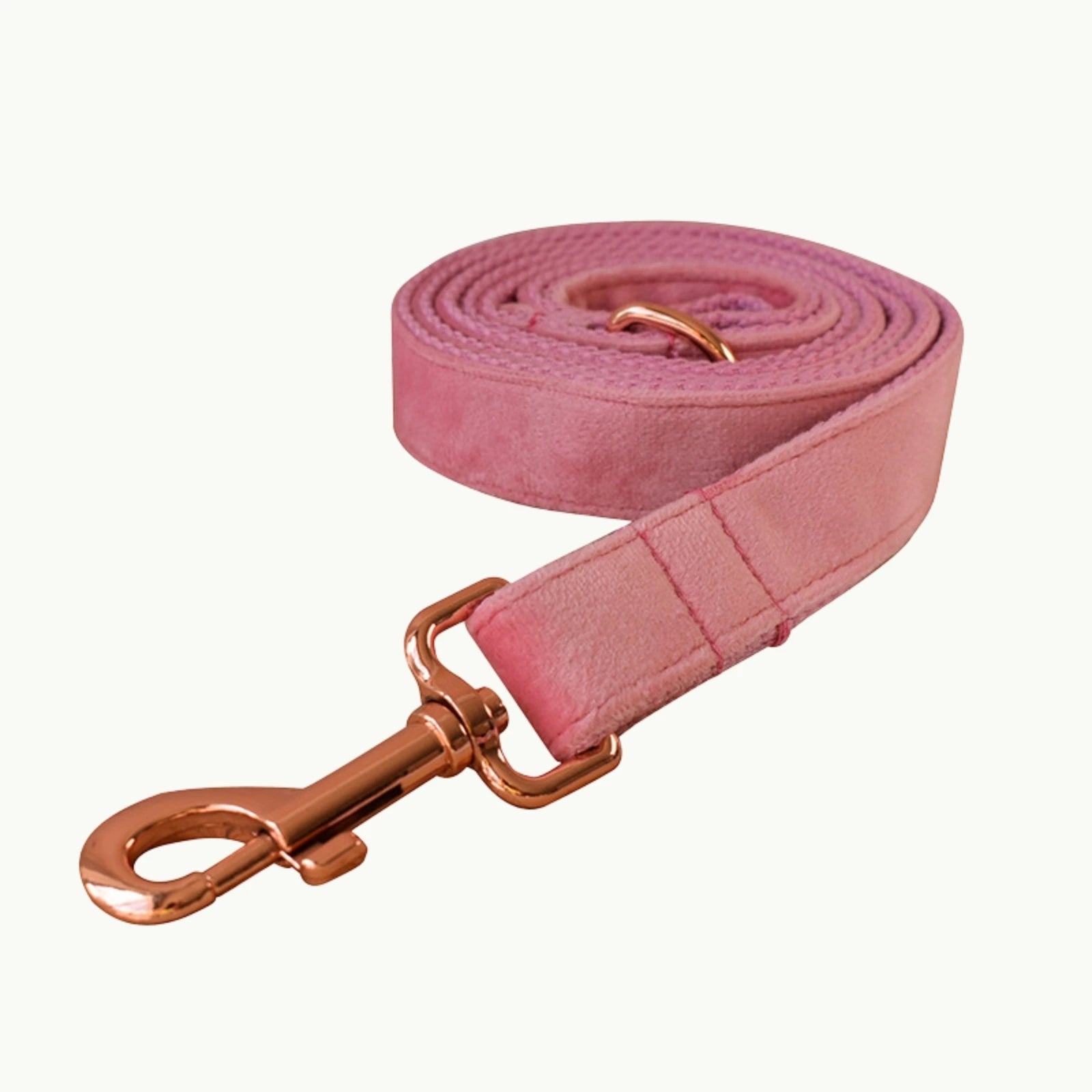 Matching blush pink velvet dog leash with metal clasp