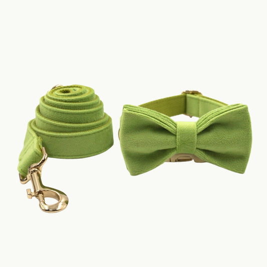 Matcha Luxe bow set with green velvet dog collar, leash, and bow tie