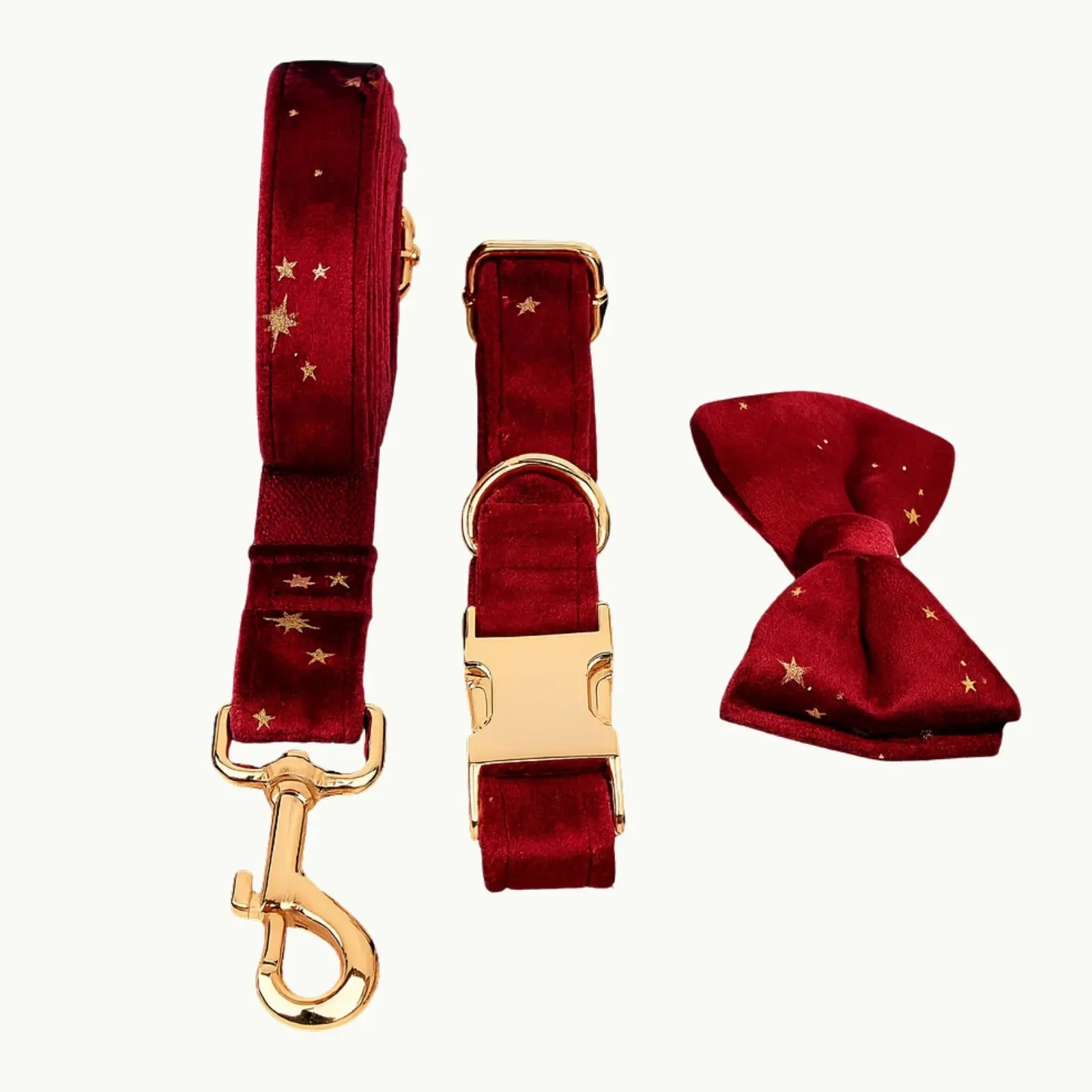 Red velvet dog collar and leash set with gold star details