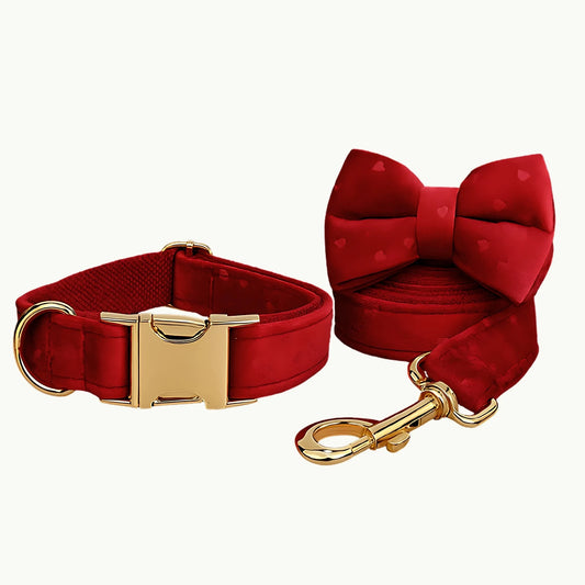 Amor Luxe red bow set with dog collar, leash, and bow tie