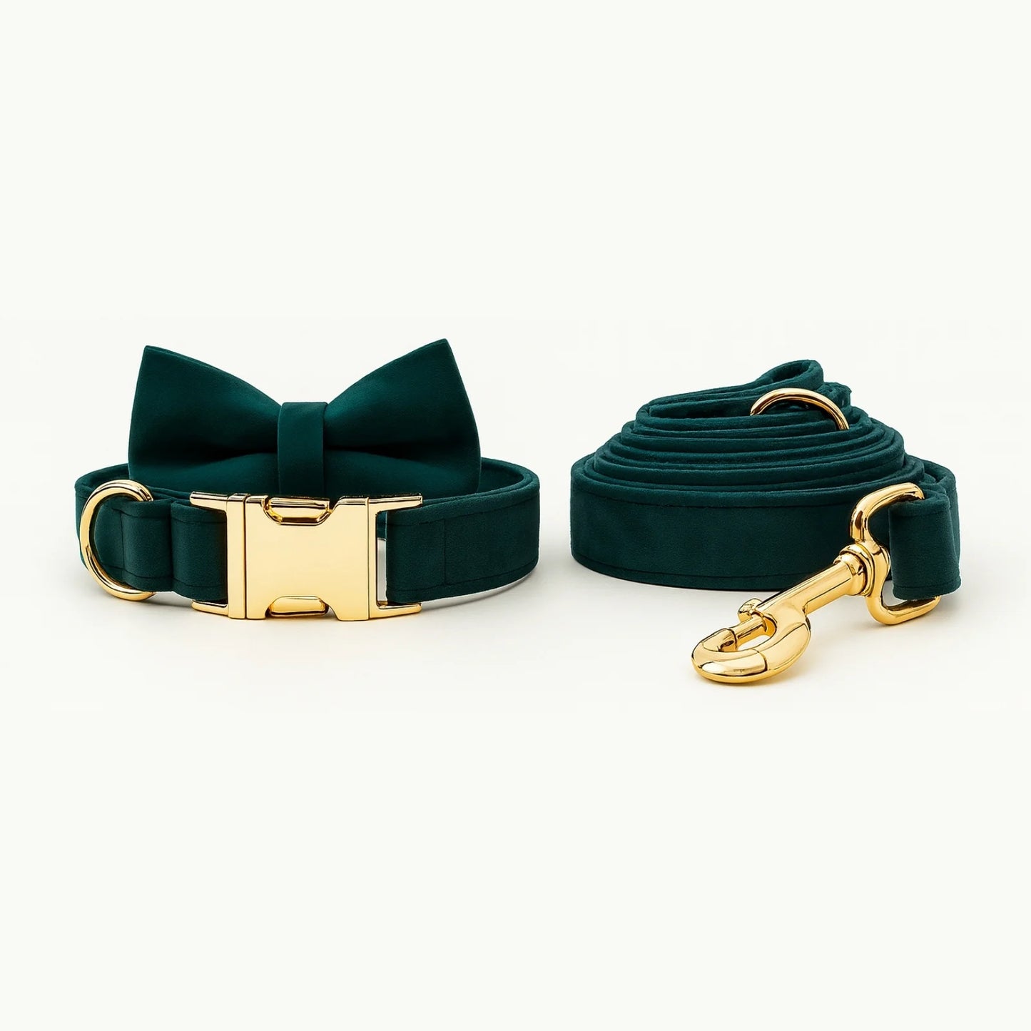 Emerald Luxe bow set with green dog collar, leash, and bow tie