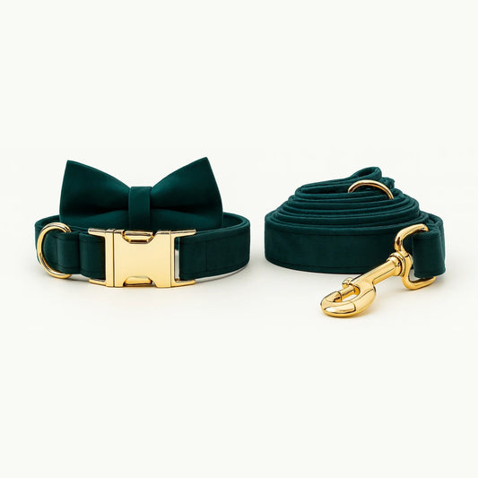 Emerald Luxe bow set with green dog collar, leash, and bow tie