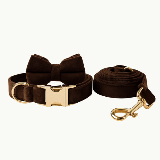 Espresso Luxe bow set with brown dog collar, leash, and bow tie