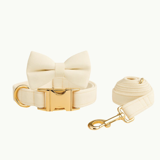 Ivory Luxe bow set with cream dog collar, leash, and bow tie