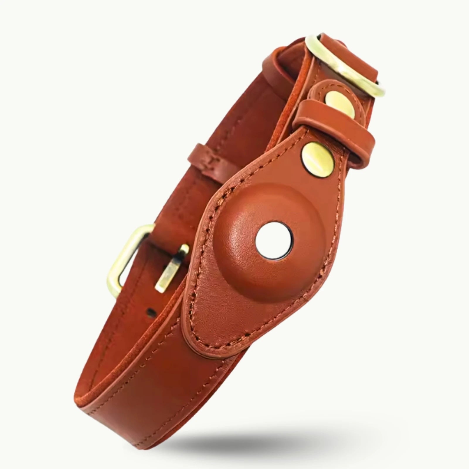Brown leather dog collar with gold hardware and premium stitched design