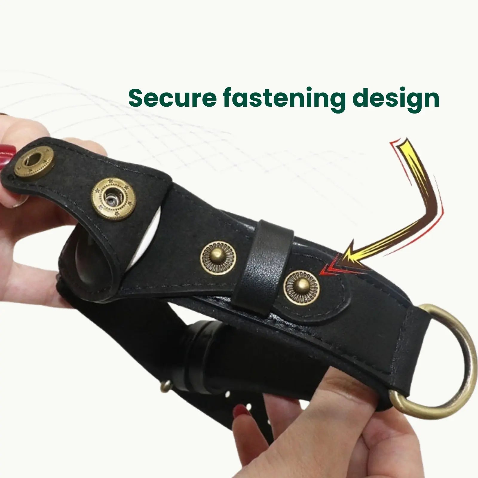 Secure fastening design of black leather dog collar with durable stitching and gold rivets